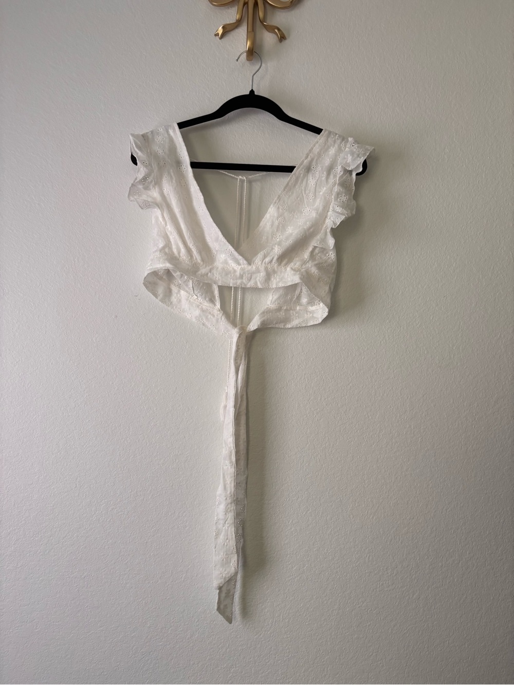 White Eyelet Wrap Crop Top with Ruffle Sleeves